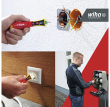 Anwendungsbeispiele für einen Spannungsprüfer an einer Steckdose und einem Stromkasten.