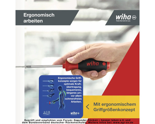 Eine Hand hält einen Schraubendreher von Wiha und dreht eine Schraube ein. Der ergonomische Griff sorgt für schmerzfreies Arbeiten.