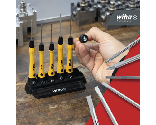 Wiha Feinmechaniker Schraubendreher Set mit gelben Griffen und Halterung