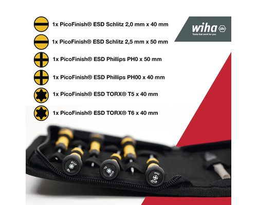 Wiha PicoFinish ESD Schraubendrehersatz mit Schlitz-, Phillips- und Torx-Profilen im Set