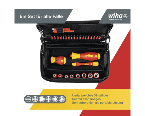 Offenes 32-teiliges Wiha Schraubendreher Set in einer schwarzen Tasche.