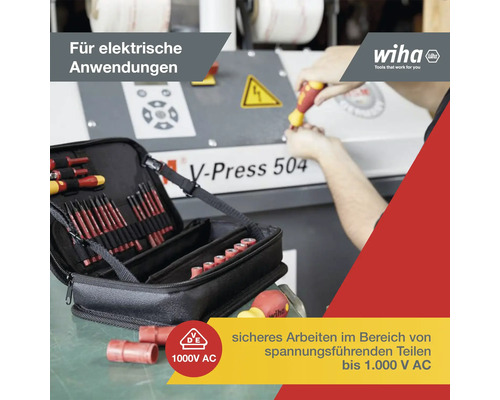 Wiha Werkzeugsatz für elektrische Anwendungen mit Schraubendrehern und Zubehör in einer schwarzen Tasche.