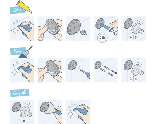 Anleitung zur Montage mit Kleber, Schrauben und zur einfachen Demontage