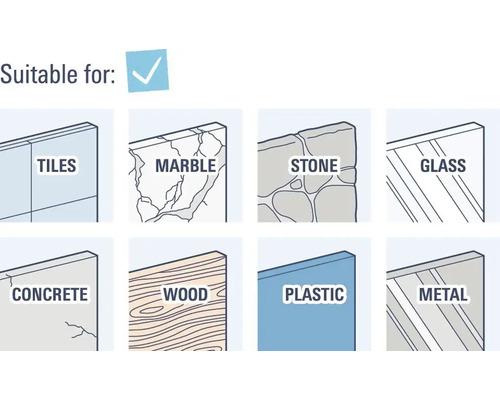 Geeignet für: Fliesen, Marmor, Stein, Glas, Beton, Holz, Kunststoff, Metall