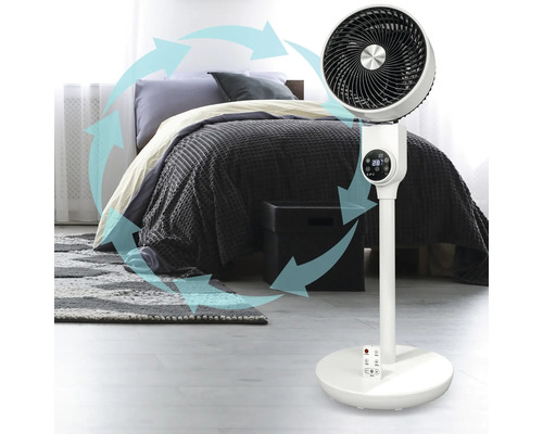 Standventilator im Schlafzimmer mit Luftstromanzeige