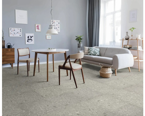 Wohnzimmer mit Esstisch, Sofa und Bodenbelag