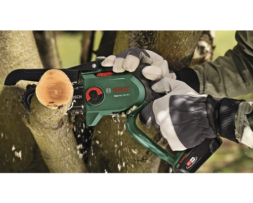 Bosch Logo. Eine Akku-Kettensäge schneidet einen Ast.