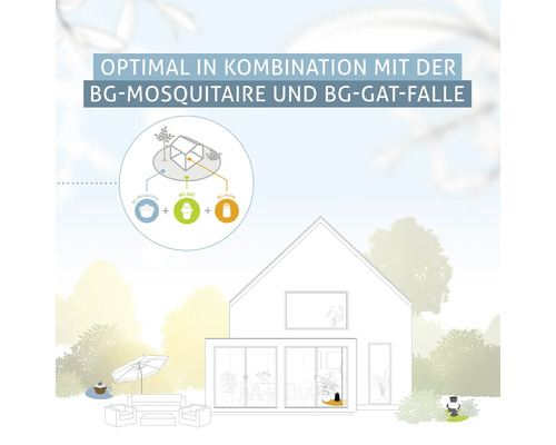 Illustration einer idealen Kombination aus BG-Mosquitaires und BG-GAT-Fallen zur Mückenbekämpfung im Garten