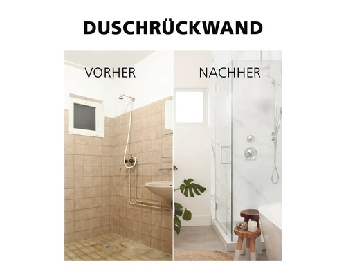 Vorher-Nachher-Vergleich eines Badezimmers mit Duschwand