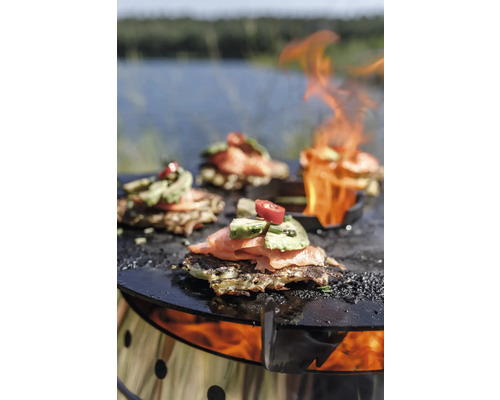 Grill mit Speisen wie Lachs, Avocado und Tomaten belegt