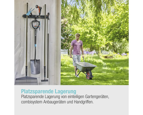Gartengerätehalter mit Gartengeräten und eine Person, die eine Schubkarre schiebt