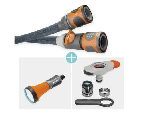 Gardena Schlauchverbinder-Set mit Gartenschlauchkupplungen, Wasserstoppkupplung, Reinigungsspritze und Wasserhahnadapter