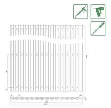 Technische Zeichnung eines Sichtschutzzaunes mit Maßangaben und Werkzeug-Symbolen