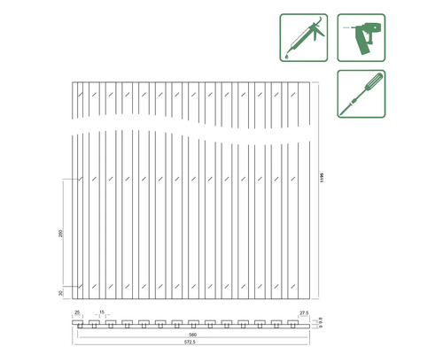Technische Zeichnung einer Sichtschutzwand mit Maßangaben