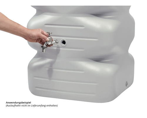 Grauer Regenwassertank mit Wasserhahn als Anwendungsbeispiel