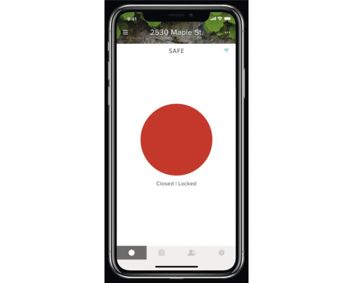 Smartphone-Bildschirm mit einer Sicherheits-App, die den Status geschlossen und verriegelt anzeigt.