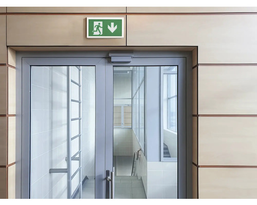 Notausgangsschild über einer Glastür