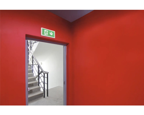 Fluchtwegschild über Treppenhaus in Gebäude