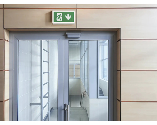 Fluchtwegschild über einer Glastür