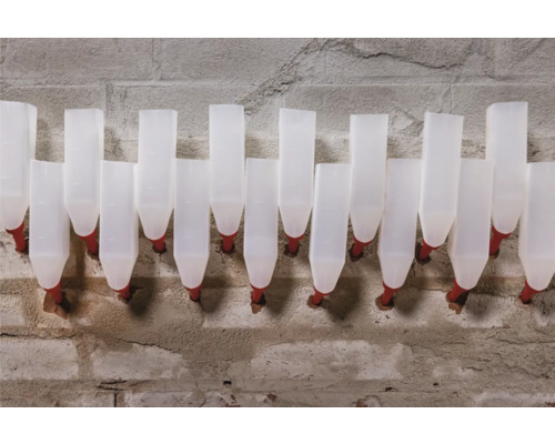 Reihe von weißen Tränkeautomaten für Tiere an einer Wand