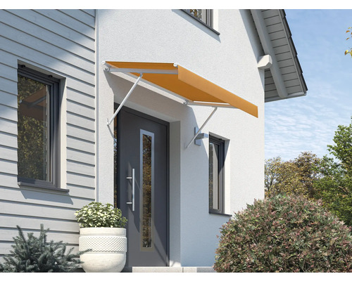 Vordach SCALA Gestell RAL 9010 reinweiß 120x90 cm Stoff Dessin U767 Vordach an einem Haus mit Haustür und Fenster