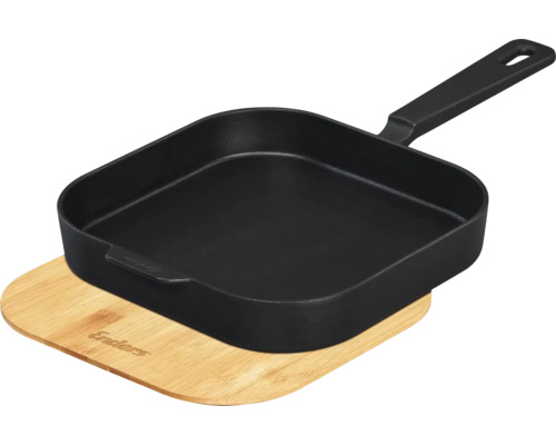 Quadratische Grillpfanne aus Gusseisen mit Servierbrett
