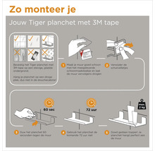 Anleitung zur Montage eines Tiger Regals mit 3M Klebeband: Oberfläche reinigen, Schutzfolie entfernen, 60 Sekunden andrücken und 72 Stunden warten. Maximale Belastung zwei Kilogramm.