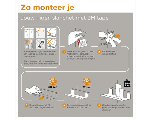 Anleitung zur Montage eines Tiger Regals mit 3M Klebeband: Oberfläche reinigen, Schutzfolie entfernen, 60 Sekunden andrücken und 72 Stunden warten. Maximale Belastung zwei Kilogramm.