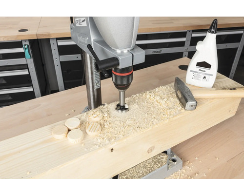 Tischbohrmaschine bohrt Holzdübel in Holzbrett, mit Hammer und Holzleim