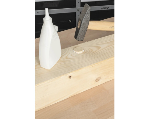 Aufnahme eines Holzwerkstücks mit Hammer, Holzleim und Holzdübel