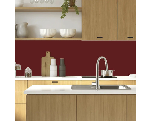 Moderne Küche mit Spüle, Kochfeld und bordeauxroter Küchenrückwand