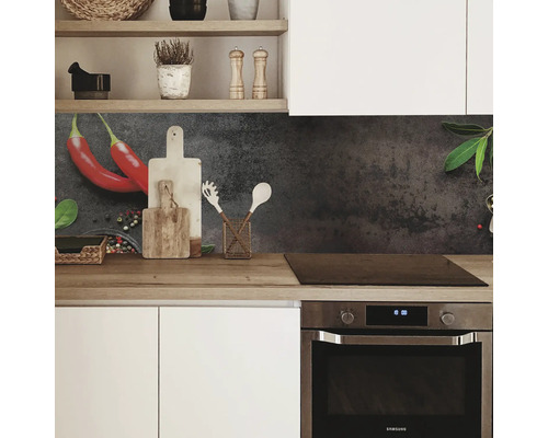 Küchenzeile mit Rückwand, Kochfeld und Backofen