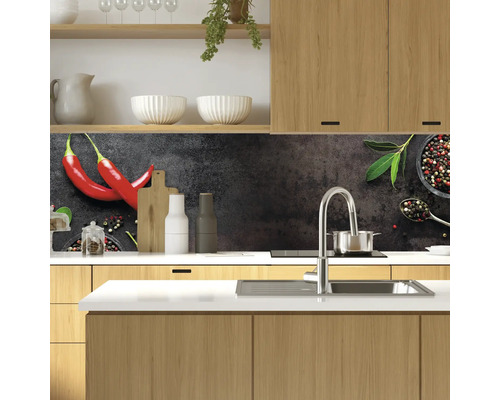 Küchenrückwand mit Chili und Gewürzen in einer modernen Küche