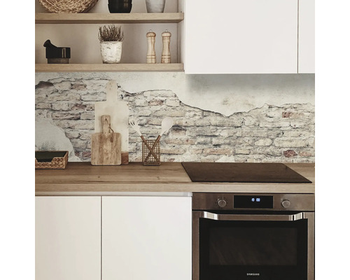 Küchenszene mit Backsteinmauer-Motiv, Regalen und Einbaugeräten