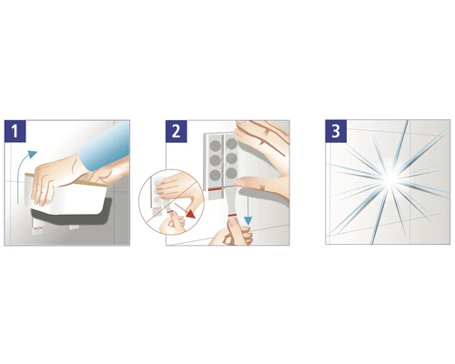 Illustration zur Anbringung einer Badablage mit Klebestreifen