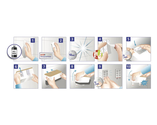 Anleitung zur Befestigung einer Ablage mit Klebestreifen an Fliesen