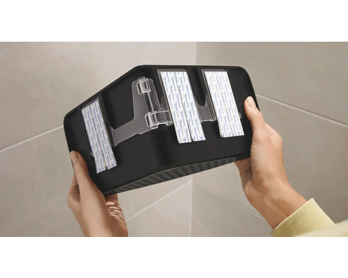 Schwarzes Badezimmerregal mit Klebestreifen zur Wandmontage