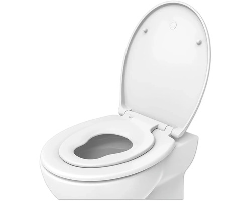 Toilette mit offenem Toilettendeckel und Kindersitz