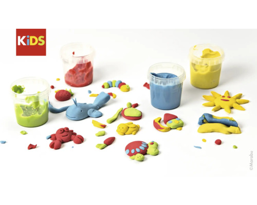 Marabu Knete in verschiedenen Farben und Formen, darunter Tiere und Pflanzen