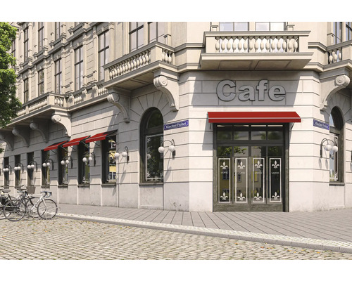 Außenansicht eines Cafés mit Markisen