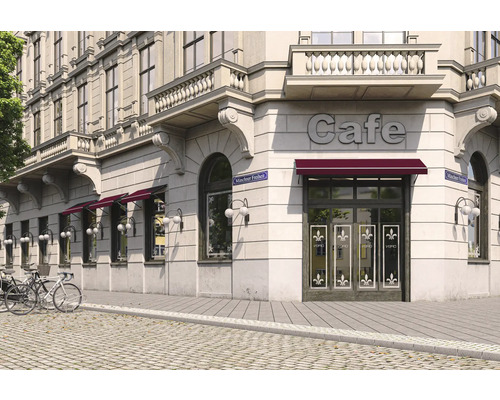 Außenansicht eines Cafés mit Markisen