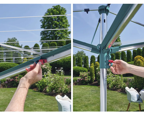 Detailaufnahme eines Wäscheständers, der im Garten aufgestellt und bedient wird.