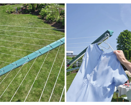Drehwascheständer im Garten mit Wäscheleine und aufgehängter Kleidung.