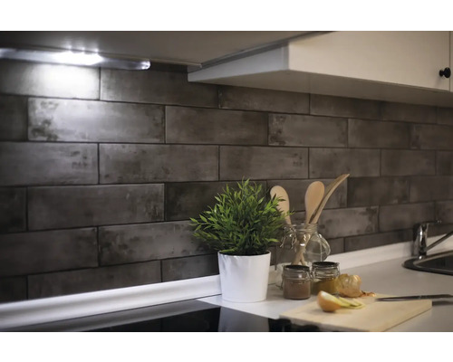 Küchenszene mit Wandfliesen in Steinoptik, Pflanze und Küchenutensilien auf der Arbeitsfläche.