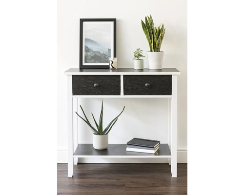 Dekorativer Konsolentisch mit zwei Schubladen, Ablagefläche und Zimmerpflanzen