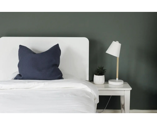 Schlafzimmer mit Bett, Nachttischlampe und Zimmerpflanze