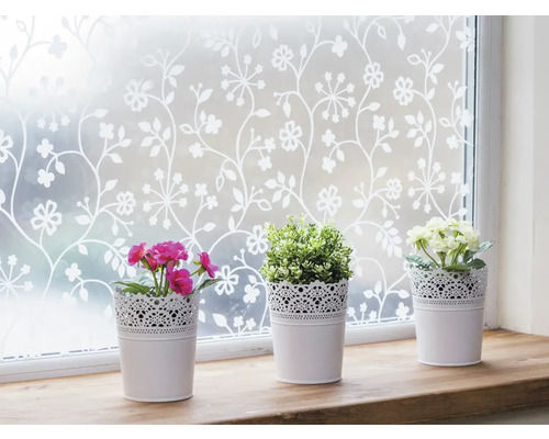 Dekorfolie mit Blumenmuster auf einem Fenster, darunter drei Blumentöpfe