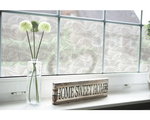 Dekorfolie auf Fenster mit Blumenvase und Dekoschild