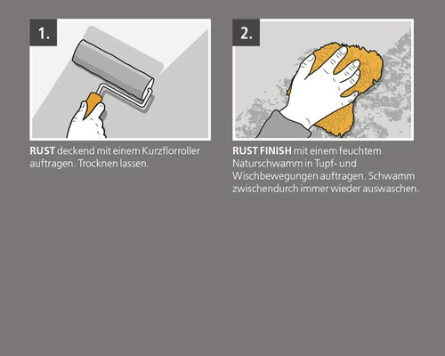 Illustration: Auftragen von Rosteffektfarbe mit Farbrolle und Naturschwamm