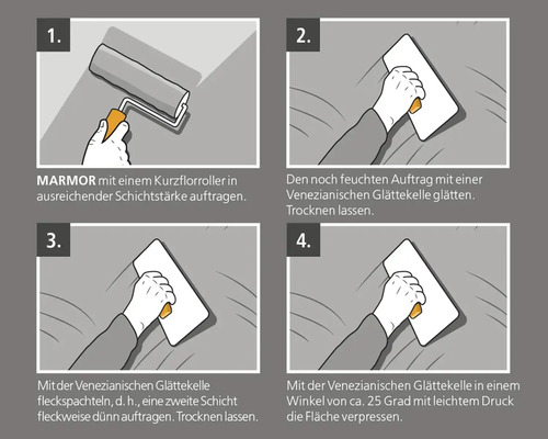 Anleitung zur Marmorverarbeitung mit Farbroller und venezianischer Glättekelle in vier Schritten